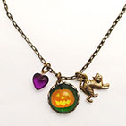 Jack O Lantern with Cat Charm and Purple Heart Bead Necklace